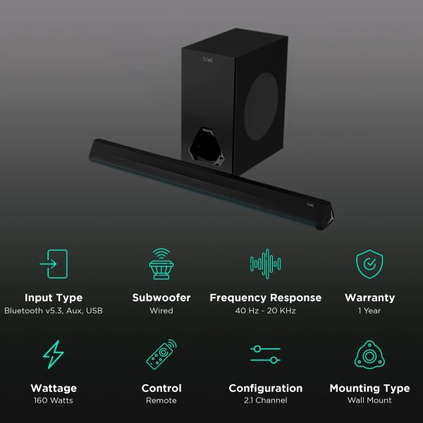 boat Aavante Bar Aura, 160W Soundbar with 2.1 Channel Wired Subwoofer, Pitch-Black