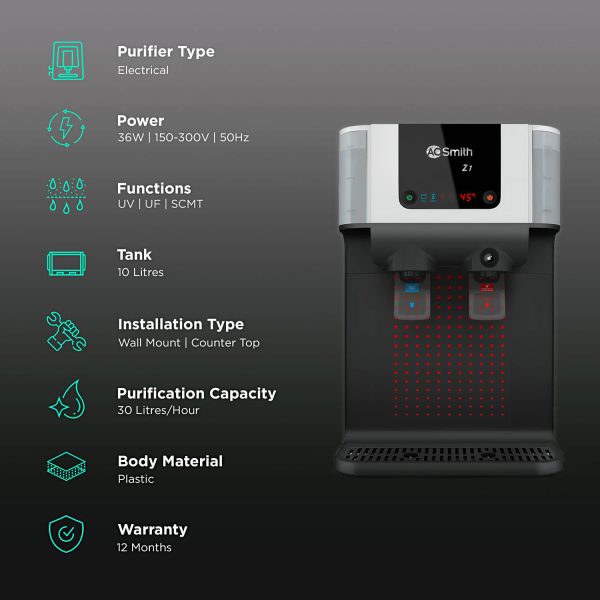 AO Smith Intelli Pro, UV+UF+SCMT Hot & Cold Water Purifier with 6 Stage Purification, Dual Pass UV Chamber and Food Grade UV Member, White
