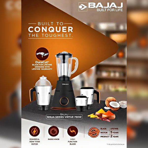 Bajaj Ninja Series Virtue, 750 Watt 4 Jar Mixer Grinder with Dura Cut Blades and Cord Winder, Black