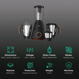 Bajaj Ninja Series Virtue, 750 Watt 4 Jar Mixer Grinder with Dura Cut Blades and Cord Winder, Black