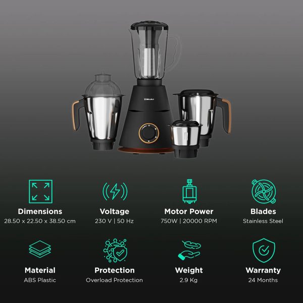 Bajaj Ninja Series Virtue, 750 Watt 4 Jar Mixer Grinder with Dura Cut Blades and Cord Winder, Black
