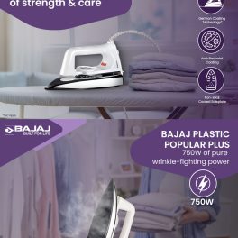 Bajaj Popular Plus Dry Iron, 750 Watts Dry Iron with Advance Soleplate and Anti Bacterial Coating, White