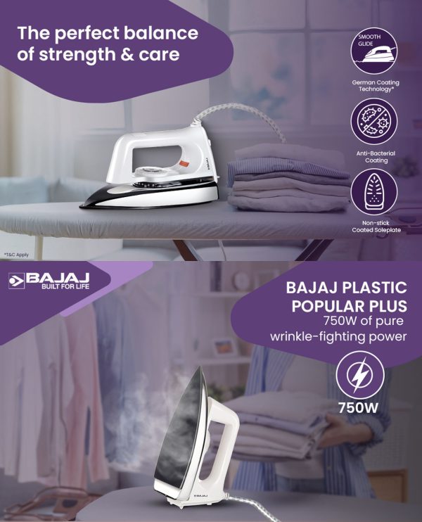 Bajaj Popular Plus Dry Iron, 750 Watts Dry Iron with Advance Soleplate and Anti Bacterial Coating, White