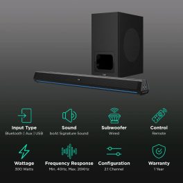 boAt Aavante Bar 2600, 300 Watts Soundbar with Wired Subwoofer, Black