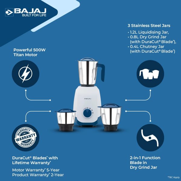Bajaj Ninja Series Notch, 500 Watt 3 Jar Mixer Grinder with Dura Cut Blades, Purple