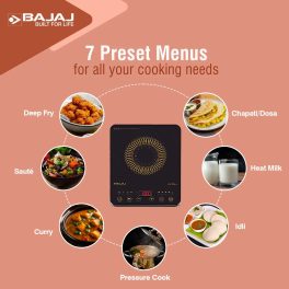 Bajaj Majesty Slim, 2100 Watt Induction Cooktop with 8 Auto Cook Menu and Feather Touch Control, Black