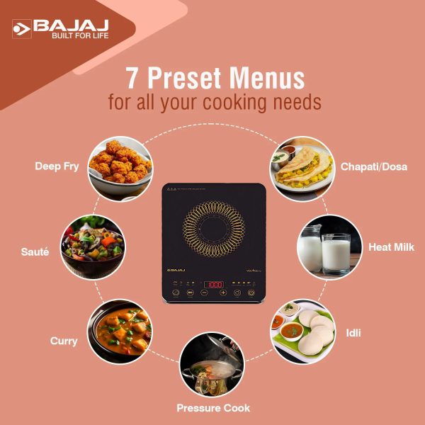 Bajaj Majesty Slim, 2100 Watt Induction Cooktop with 8 Auto Cook Menu and Feather Touch Control, Black