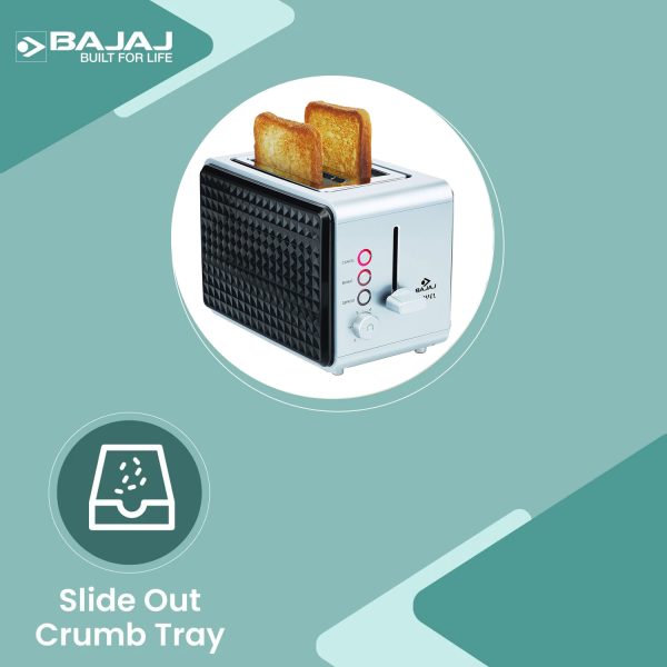 Bajaj Juvel, 750 Watt 2 Slice Pop Up Toaster with 6 Step Browning Control and Slide Out Crum Tray, Silver
