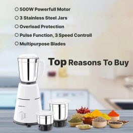 Bajaj GX 500, Powerful 500 Watt 3 Jar Mixer Grinder with Multi tasking Blade, White