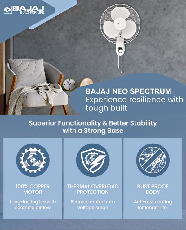 Bajaj Neo Spectrum 400MM, 16 Inch Wall Fan with 100% Copper Motor and Overload Thermal Protector, Grey