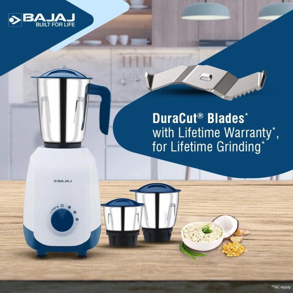 Bajaj Ninja Series Notch, 500 Watt 3 Jar Mixer Grinder with Dura Cut Blades, Purple