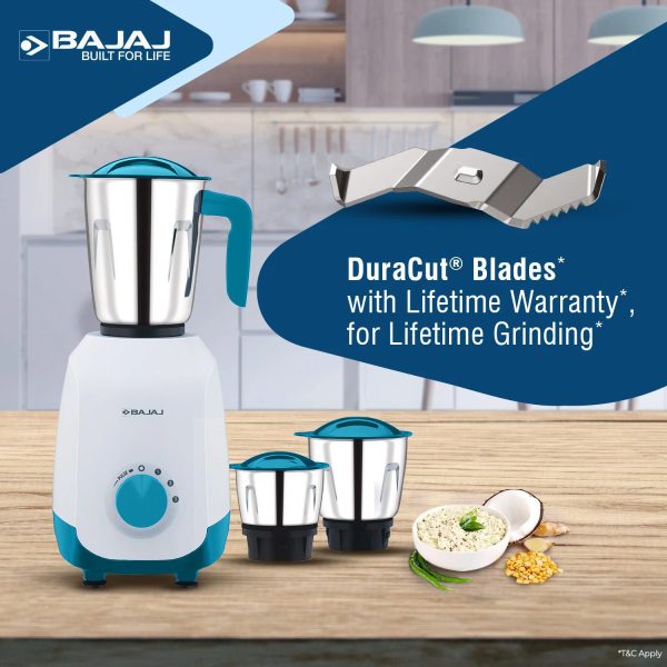 Bajaj Ninja Series Notch, 500 Watt 3 Jar Mixer Grinder with Dura Cut Blades, Blue