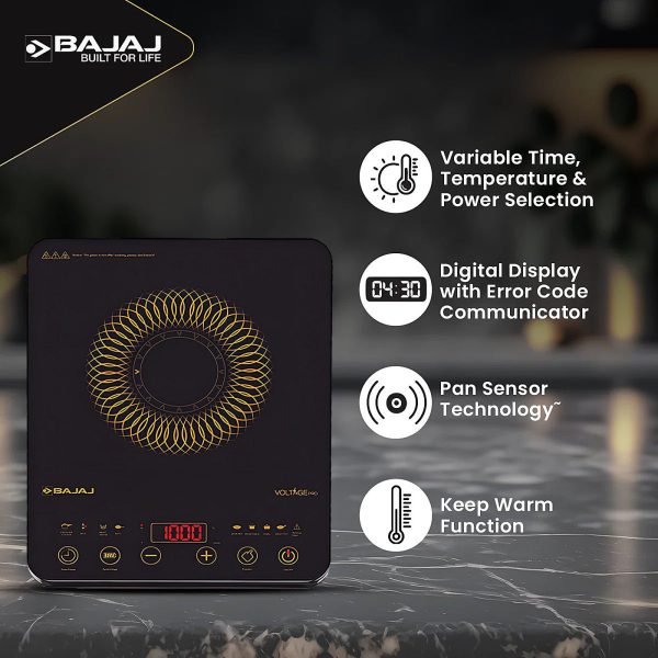 Bajaj Majesty Slim, 2100 Watt Induction Cooktop with 8 Auto Cook Menu and Feather Touch Control, Black