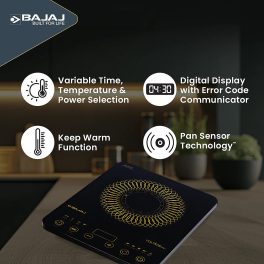 Bajaj Majesty Slim, 2100 Watt Induction Cooktop with 8 Auto Cook Menu and Feather Touch Control, Black
