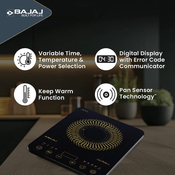 Bajaj Majesty Slim, 2100 Watt Induction Cooktop with 8 Auto Cook Menu and Feather Touch Control, Black