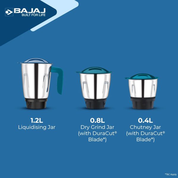 Bajaj Ninja Series Notch, 500 Watt 3 Jar Mixer Grinder with Dura Cut Blades, Blue