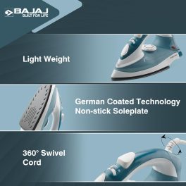 Bajaj MX3N, 1250 Watts Steam Iron with Spray Function, Non Stick & Anti Bacterial Soleplate Coating, Blue