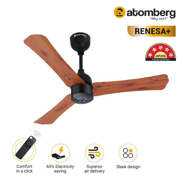 Atomberg Renesa+ 900, 36 Inch BLDC Ceiling Fan with Remote Control and LED Indicators, Golden Oakwood