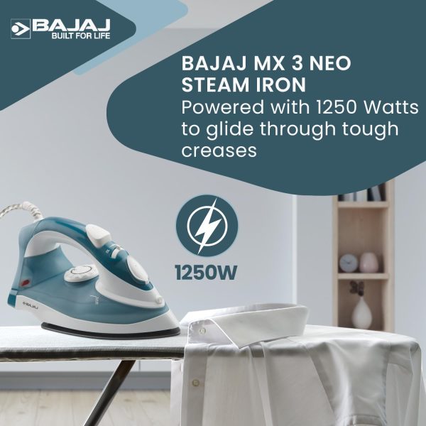 Bajaj MX3N, 1250 Watts Steam Iron with Spray Function, Non Stick & Anti Bacterial Soleplate Coating, Blue