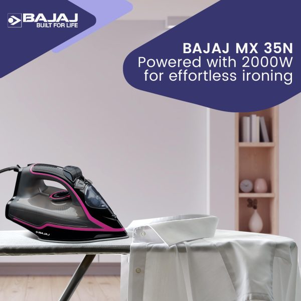 Bajaj MX35N, 2000 Watt Steam Iron with Steam Burst and Non Stick Coated SolePlate, Black)