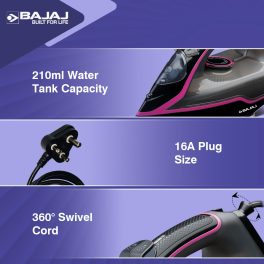 Bajaj MX35N, 2000 Watt Steam Iron with Steam Burst and Non Stick Coated SolePlate, Black)