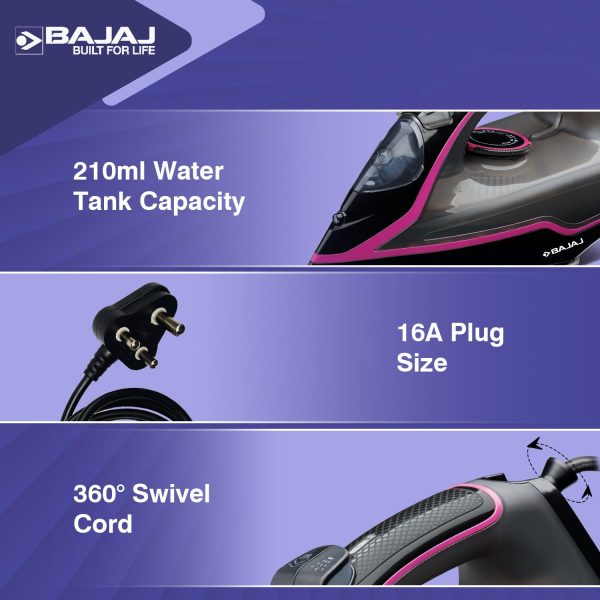 Bajaj MX35N, 2000 Watt Steam Iron with Steam Burst and Non Stick Coated SolePlate, Black)