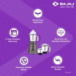 Bajaj Herculo,1000 Watt 3 Jar Mixer Grinder with Lid Locking, Nutri Pro Feature and Multi Function Blades, Coffee Brown