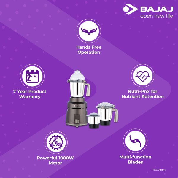 Bajaj Herculo,1000 Watt 3 Jar Mixer Grinder with Lid Locking, Nutri Pro Feature and Multi Function Blades, Coffee Brown