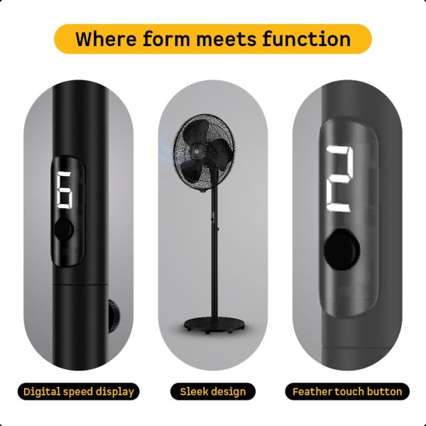 Atomberg Renesa 400, 16 Inch BLDC Pedestal Fan with LED Light, Remote for Oscillation With Timer, Digital Display, Black