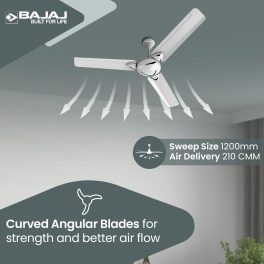 Bajaj Glide 1200MM, 48 Inch Ceiling Fan with 100% Copper Motor, High Speed 340RPM and 1 Star Rating, Snowy White