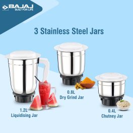 Bajaj GX 500, Powerful 500 Watt 3 Jar Mixer Grinder with Multi tasking Blade, White