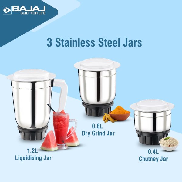 Bajaj GX 500, Powerful 500 Watt 3 Jar Mixer Grinder with Multi tasking Blade, White