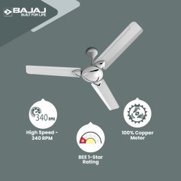 Bajaj Glide 1200MM, 48 Inch Ceiling Fan with 100% Copper Motor, High Speed 340RPM and 1 Star Rating, Snowy White