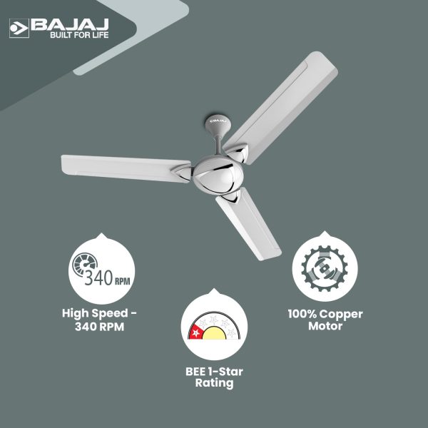 Bajaj Glide 1200MM, 48 Inch Ceiling Fan with 100% Copper Motor, High Speed 340RPM and 1 Star Rating, Snowy White