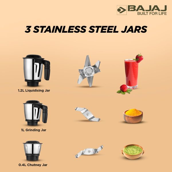 Bajaj MG Finesse, 750 Watt 3 Jar Mixer Grinder with DuraCut Blades, Jar tested as per Milatry Standards and Pulse Mode, Black