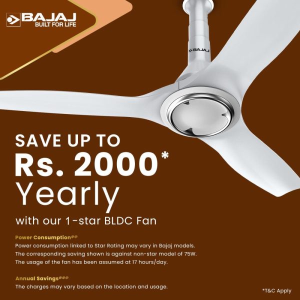 Baja Adonis 1200MM, 48 Inch Ceiling Fan with Aerodynamically Designed Blades, 340 RPM and 1 Star Rating, White/Silver