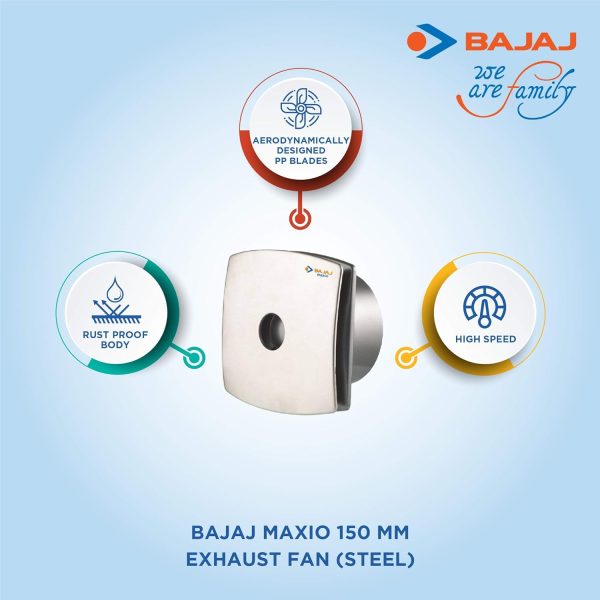 Bajaj Maxio 150MM, 6 Inch Exhaust fan with 100% Copper Motor, Rust Proof Body and Blades, Steel
