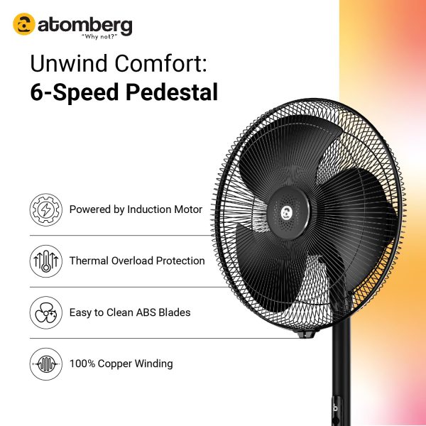 Atomberg Renesa 400, 16 Inch BLDC Pedestal Fan with LED Light, Remote for Oscillation With Timer, Digital Display, Black