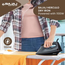 Bajaj Herculo Iron, 1100 Watts Heavy Weight Dry Iron with Anti Bacterial and Non Stick Coating, Grey
