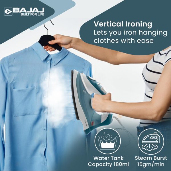 Bajaj MX3N, 1250 Watts Steam Iron with Spray Function, Non Stick & Anti Bacterial Soleplate Coating, Blue