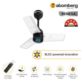 Atomberg Renesa 600, 24 Inch BLDC Ceiling Fan with Remote Control and LED Indicators, White and Black