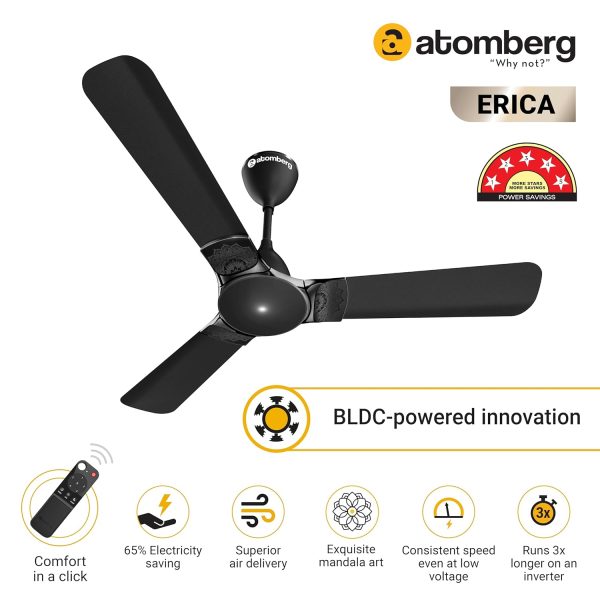 Atomberg Erica 1200, 48 Inch BLDC Ceiling Fan with Remote and Award Winning Design, Midnight Black