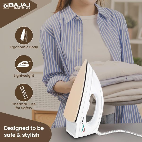 Bajaj DX7, 1000 Watts Dry Iron with Advance Soleplate and 360 Degree Swivel Cord, White