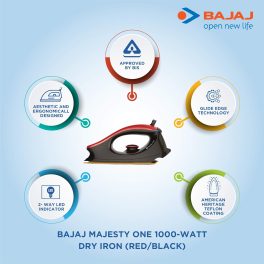 Bajaj Majesty One, 1000 Watt Dry Iron with Non Stick Coated Sole Plate and 360 Degree Swivel Cord, Red