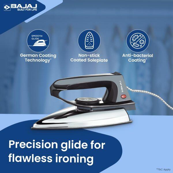 Bajaj DX2, 600 Watt Dry Iron with Advance Soleplate, Anti Bacterial Coating and Cord Organizer, Black