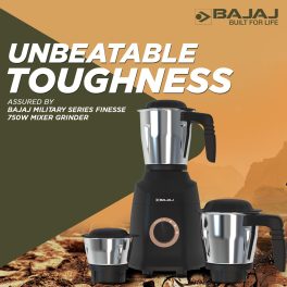 Bajaj MG Finesse, 750 Watt 3 Jar Mixer Grinder with DuraCut Blades, Jar tested as per Milatry Standards and Pulse Mode, Black