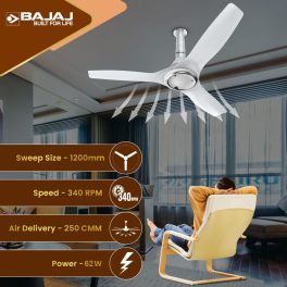 Baja Adonis 1200MM, 48 Inch Ceiling Fan with Aerodynamically Designed Blades, 340 RPM and 1 Star Rating, White/Silver
