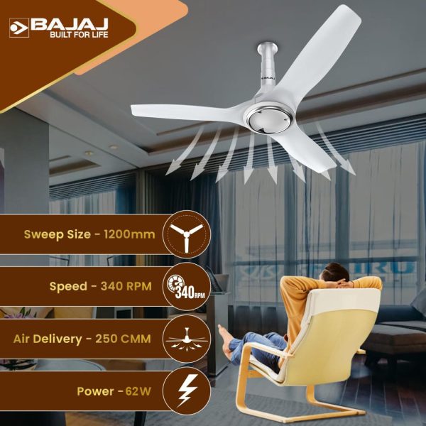 Baja Adonis 1200MM, 48 Inch Ceiling Fan with Aerodynamically Designed Blades, 340 RPM and 1 Star Rating, White/Silver