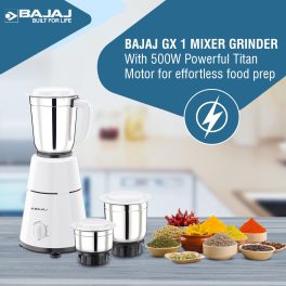 Bajaj GX 500, Powerful 500 Watt 3 Jar Mixer Grinder with Multi tasking Blade, White
