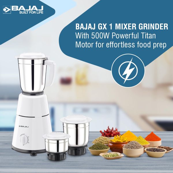 Bajaj GX 500, Powerful 500 Watt 3 Jar Mixer Grinder with Multi tasking Blade, White